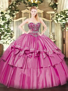 Popular Floor Length Lace Up Sweet 16 Dresses Pink for Military Ball and Sweet 16 and Quinceanera with Beading and Ruffled Layers