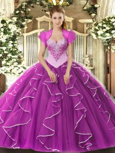 Luxurious Sweetheart Sleeveless Vestidos de Quinceanera Floor Length Beading Fuchsia Tulle