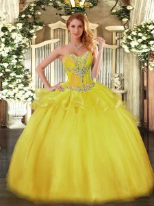 Great Gold Ball Gowns Sweetheart Sleeveless Tulle Floor Length Lace Up Beading Quinceanera Gowns
