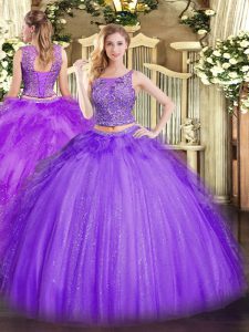 Discount Lavender Sleeveless Tulle Lace Up Sweet 16 Quinceanera Dress for Military Ball and Sweet 16 and Quinceanera