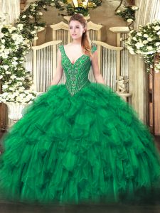 Ball Gowns Sweet 16 Quinceanera Dress Green V-neck Organza Sleeveless Floor Length Lace Up