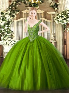 Green 15th Birthday Dress Military Ball and Sweet 16 and Quinceanera with Beading V-neck Sleeveless Lace Up