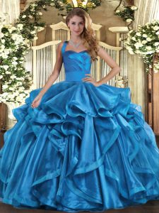 Fashion Baby Blue Organza Lace Up Halter Top Sleeveless Floor Length 15th Birthday Dress Ruffles