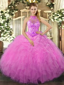 Glorious Floor Length Rose Pink Ball Gown Prom Dress Halter Top Sleeveless Lace Up