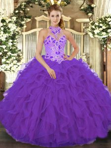 Luxury Floor Length Purple 15th Birthday Dress Halter Top Sleeveless Lace Up