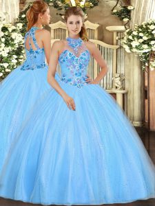 High Class Embroidery Quinceanera Gowns Baby Blue Lace Up Sleeveless Floor Length