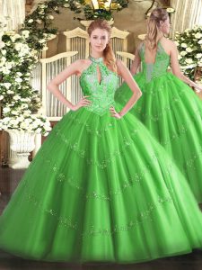 Beautiful Tulle Lace Up Halter Top Sleeveless Floor Length Sweet 16 Quinceanera Dress Beading