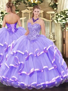 Sleeveless Organza Floor Length Lace Up Ball Gown Prom Dress in Lavender with Appliques and Ruffled Layers