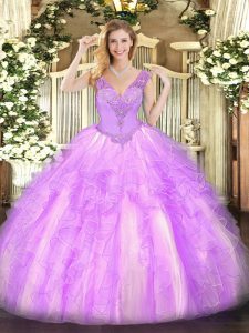 Latest Lilac V-neck Lace Up Beading and Ruffles Vestidos de Quinceanera Sleeveless