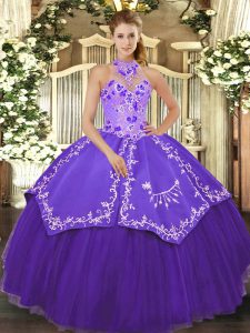 Customized Floor Length Lace Up Sweet 16 Dresses Purple for Military Ball and Sweet 16 and Quinceanera with Beading and Embroidery