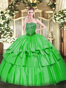 Green Ball Gowns Strapless Sleeveless Organza and Taffeta Floor Length Lace Up Beading and Ruffled Layers 15 Quinceanera Dress