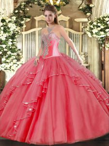 Custom Fit Floor Length Lace Up 15th Birthday Dress Coral Red for Military Ball and Sweet 16 and Quinceanera with Beading and Ruffles