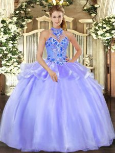 High End Halter Top Sleeveless 15th Birthday Dress Floor Length Embroidery Lavender Organza