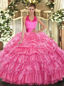 Gorgeous Rose Pink Ball Gowns Organza Halter Top Sleeveless Ruffled Layers and Pick Ups Floor Length Lace Up Sweet 16 Dress