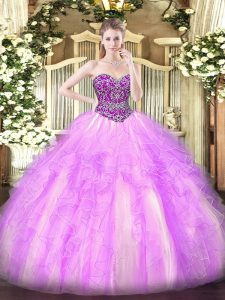 Lilac Lace Up Sweetheart Beading and Ruffles Sweet 16 Quinceanera Dress Tulle Sleeveless