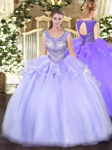 Cute Lavender Sleeveless Organza Lace Up Quinceanera Gowns for Sweet 16 and Quinceanera