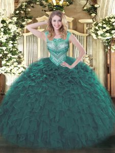 Sleeveless Floor Length Beading and Ruffles Lace Up Quince Ball Gowns with Teal