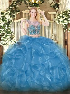Custom Fit Organza Scoop Sleeveless Lace Up Beading and Ruffles 15 Quinceanera Dress in Baby Blue