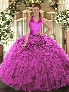Fashion Fuchsia Sleeveless Floor Length Ruffles Lace Up 15th Birthday Dress