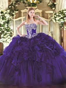 Purple Sleeveless Beading and Ruffles Floor Length 15 Quinceanera Dress