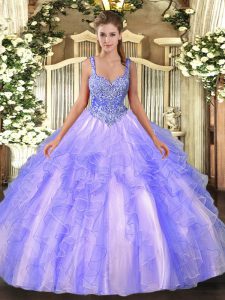 Sweet Sleeveless Tulle Floor Length Lace Up Sweet 16 Dress in Lavender with Beading and Ruffles