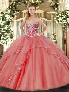 Eye-catching Floor Length Coral Red Quince Ball Gowns Tulle Sleeveless Beading and Ruffles