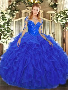 Sexy Royal Blue Sweet 16 Dress Military Ball and Sweet 16 and Quinceanera with Lace and Ruffles Scoop Long Sleeves Lace Up