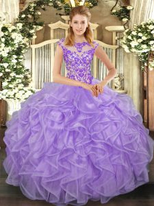 Delicate Lavender Scoop Lace Up Beading and Appliques and Ruffles 15 Quinceanera Dress Cap Sleeves