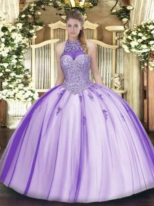 Attractive Ball Gowns Sweet 16 Dresses Lavender Halter Top Tulle Sleeveless Floor Length Lace Up