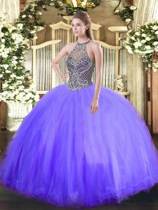 Ideal Floor Length Lavender Sweet 16 Dresses Halter Top Sleeveless Lace Up