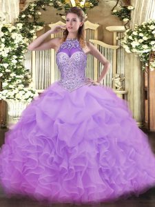 Dramatic Floor Length Lavender Quince Ball Gowns Halter Top Sleeveless Lace Up