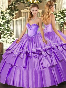 Sexy Floor Length Lace Up Quinceanera Gown Lavender for Military Ball and Sweet 16 and Quinceanera with Ruffled Layers