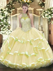 Top Selling Light Yellow Ball Gowns Beading and Ruffled Layers Quinceanera Gowns Lace Up Organza and Tulle Sleeveless Floor Length