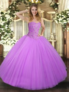 Fantastic Lilac Sleeveless Beading Floor Length Quince Ball Gowns