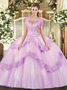 Tulle Scoop Sleeveless Clasp Handle Beading and Appliques Ball Gown Prom Dress in Lilac