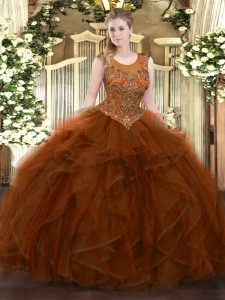 Pretty Brown Ball Gowns Beading and Ruffles Sweet 16 Quinceanera Dress Zipper Tulle Sleeveless Floor Length