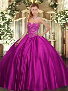 Admirable Sleeveless Floor Length Beading Lace Up Sweet 16 Quinceanera Dress with Fuchsia