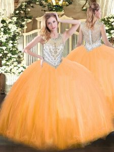 Orange Red Ball Gowns Tulle Scoop Sleeveless Beading Floor Length Zipper 15th Birthday Dress