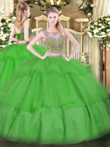 Flare Green Scoop Neckline Beading and Ruffled Layers Sweet 16 Quinceanera Dress Sleeveless Lace Up