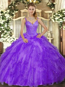 Floor Length Lavender Quinceanera Gown Tulle Sleeveless Beading and Ruffles
