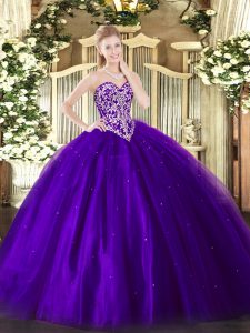 Best Purple Ball Gowns Sweetheart Sleeveless Tulle Floor Length Lace Up Beading Sweet 16 Dresses
