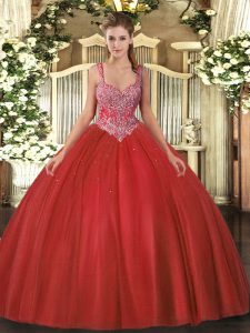 Graceful Coral Red Sleeveless Floor Length Beading Lace Up Quince Ball Gowns
