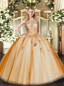Halter Top Sleeveless Tulle Quinceanera Gown Lace and Appliques Lace Up
