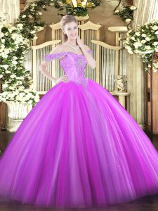 Lilac Ball Gowns Off The Shoulder Sleeveless Tulle Floor Length Lace Up Beading Quince Ball Gowns