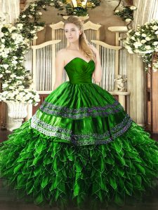 Great Green Sweetheart Zipper Embroidery and Ruffles Quinceanera Dresses Sleeveless