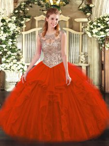 Affordable Red Scoop Lace Up Beading and Ruffles Quince Ball Gowns Sleeveless