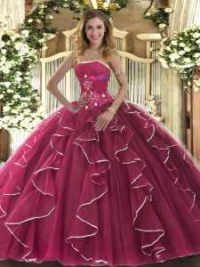 Fuchsia Ball Gowns Tulle Strapless Sleeveless Beading and Ruffles Floor Length Lace Up Quinceanera Gown