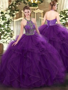 Wonderful Purple Halter Top Neckline Beading and Ruffles Quinceanera Gown Sleeveless Lace Up