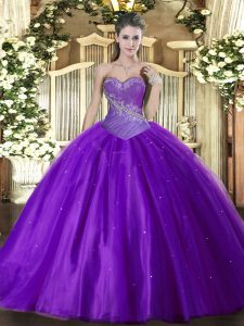 Beading Ball Gown Prom Dress Eggplant Purple Lace Up Sleeveless Floor Length