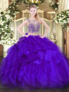 Designer Organza Scoop Sleeveless Lace Up Beading and Ruffles Sweet 16 Quinceanera Dress in Purple